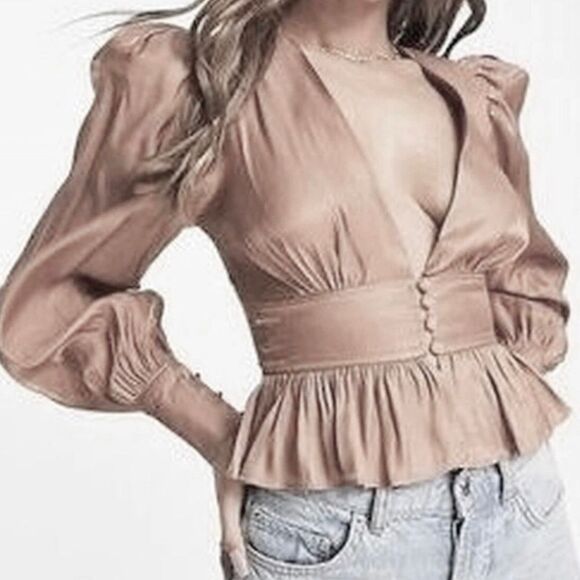 Jason Wu Silver Beige V-Neck Peplum Ruffles Hem Satin Blouse Gathered Waist XS - Picture 8 of 8